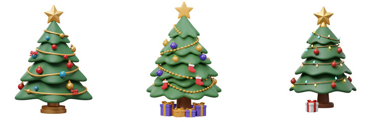 Festive 3D Christmas trees with ornaments, lights, and gifts evoke holiday cheer and celebration with transparent background