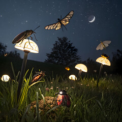 Insects at night lights, symbolizing mystery, attraction, natures rhythm, delicate movement, fleeting beauty, curiosity, and the harmony of nocturnal life.