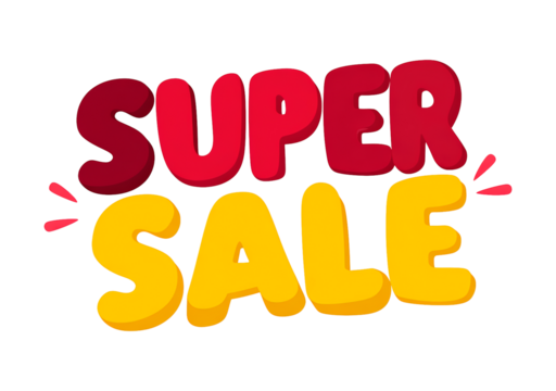 Bright super sale sign with bold red and yellow letters on transparent background, PNG