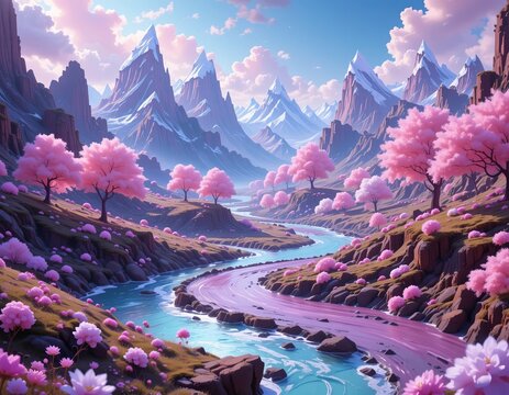 Magical fantasy landscape with blooming pink trees and a winding river through majestic mountains under a pastel sky.