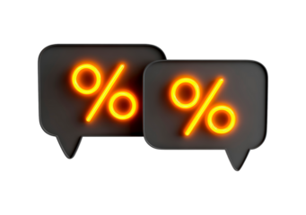 Two glowing percentage signs in speech bubbles on transparent background, PNG