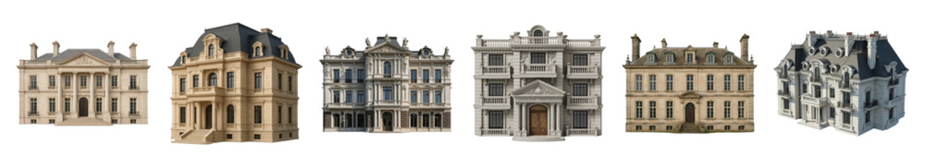 Obraz premium Classic European mansion set including various ornate facades and historical styles isolated. Architectural design and luxury property collection.