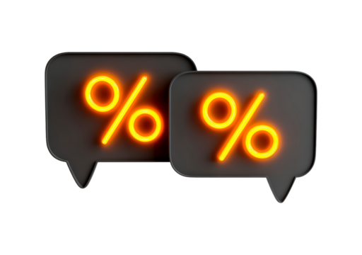 Two glowing percentage signs in speech bubbles on transparent background, PNG
