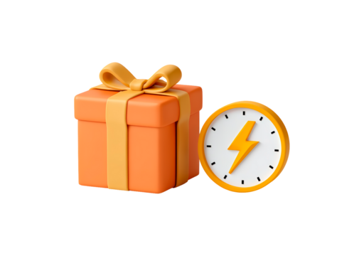Orange gift box with lightning bolt clock symbolizing fast delivery concept on transparent background, PNG