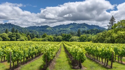 vineyard. Serene vineyard landscape with orderly grapevine rows under natural sunlight, evoking tranquility and growth. travel magazines.