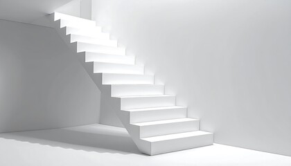 A minimalist white staircase ascends in a bright, empty room, showcasing clean lines and a sense of spaciousness.