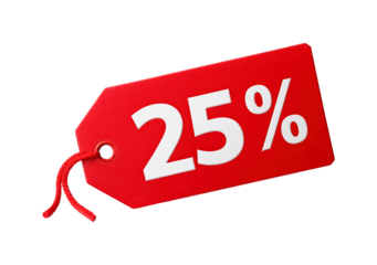 Red discount tag featuring 25 percent off in bold white text on transparent background, PNG