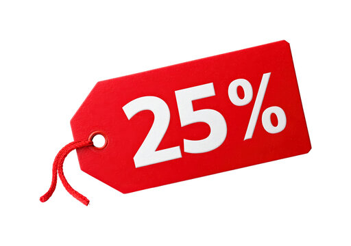 Red discount tag featuring 25 percent off in bold white text on transparent background, PNG - Powered by Adobe