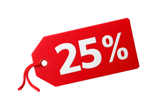 Red discount tag featuring 25 percent off in bold white text on transparent background, PNG