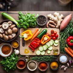 Fresh vegetables and spices arranged on a wooden table ready for cooking a healthy meal