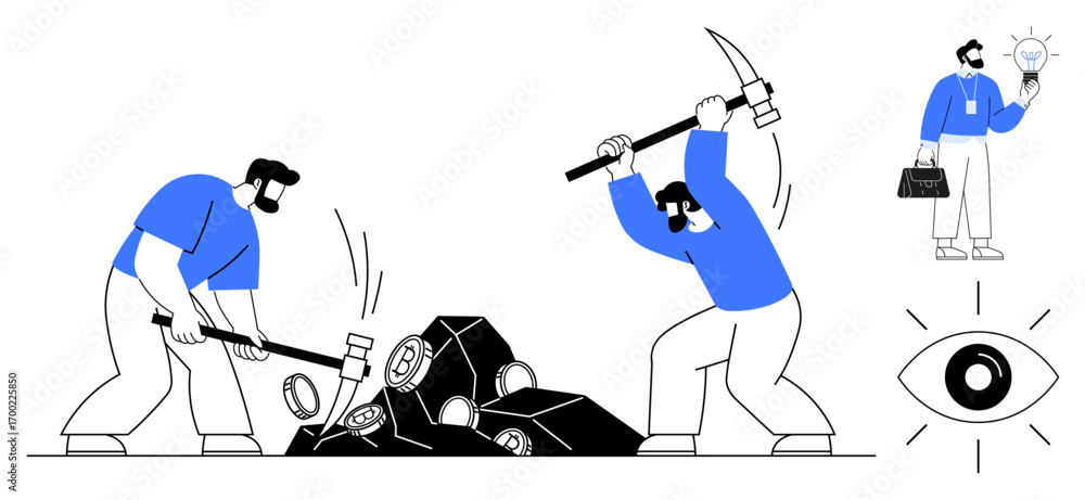 Poster workers extract minerals using tools while a professional with a briefcase holds a light bulb. eye i
