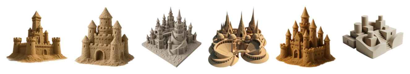 Obraz premium Sandcastle set including classic, ornate, fantasy, and architectural styles isolated. Summer beach and creative building collection.