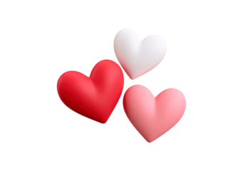 Three colorful hearts on black background: red, white, pink on transparent background, PNG