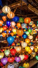 Naklejka premium Colorful hanging lamps in a market