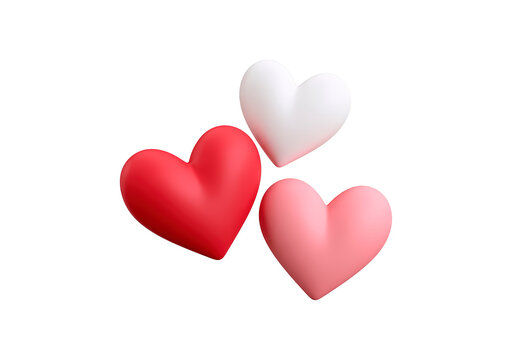 Three colorful hearts on black background: red, white, pink on transparent background, PNG