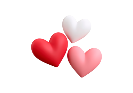 Three colorful hearts on black background: red, white, pink on transparent background, PNG