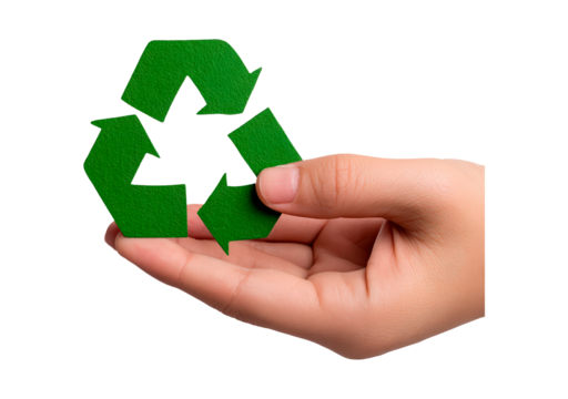 Hand holding green recycle symbol representing environmental conservation on transparent background, PNG