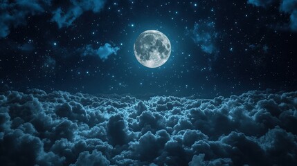 A serene night sky featuring a full moon surrounded by vibrant clouds and twinkling stars, creating a tranquil and mystical atmosphere.