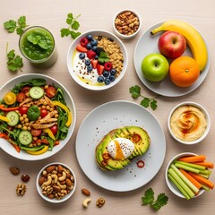 Healthy food assortment on table including salad avocado toast berries nuts and fruits for wellness diet plan