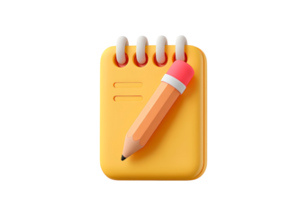 Colorful 3d model of notepad with pencil on transparent background, PNG