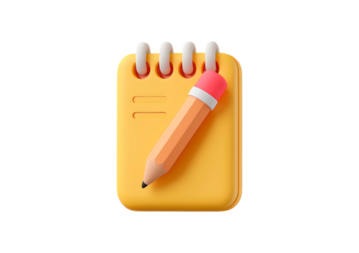 Colorful 3d model of notepad with pencil on transparent background, PNG