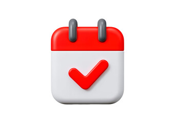3d calendar icon with red check mark and gray loops for task management on transparent background, PNG