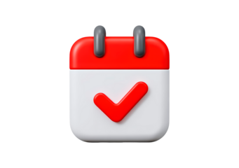 3d calendar icon with red check mark and gray loops for task management on transparent background, PNG