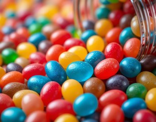 A vibrant explosion of colorful jelly beans spilling from a glass jar, creating a playful and tempting treat.