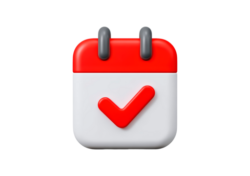 3d calendar icon with red check mark and gray loops for task management on transparent background, PNG