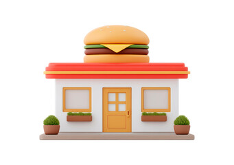 Fast food restaurant icon with giant burger design on roof on transparent background, PNG