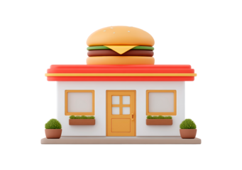Fast food restaurant icon with giant burger design on roof on transparent background, PNG