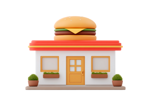 Fast food restaurant icon with giant burger design on roof on transparent background, PNG