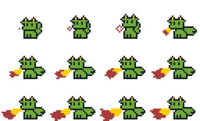 8-bit pixel art cute mini green dragon character fire attack sprite image. Game asset for rpg game developers. Monster basic actions and status effect