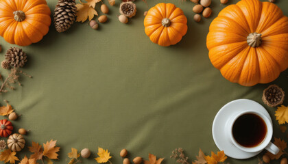Obraz premium Autumnal Arrangement with Pumpkins and Coffee Cup