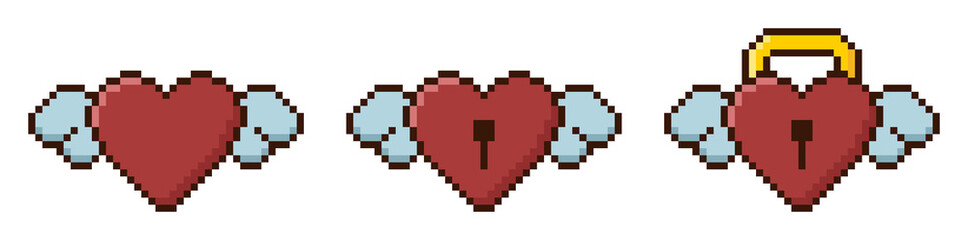 Fototapeta premium 8-bit pixel art winged red heart padlock set with cute retro fantasy style