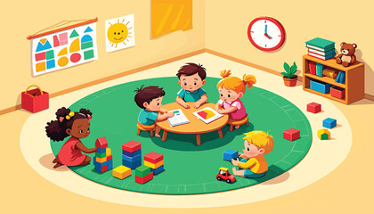 Joyful kindergarten students collaborating on art projects and enjoying playtime in a bright classroom