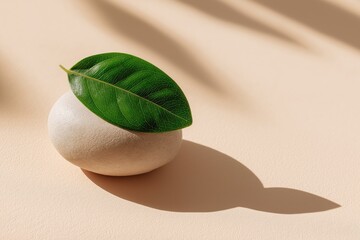 Product photographer designer styling natural stone and leaf centerpiece. Creative marketer stylist showcasing minimalist decor element for branding and commercial visuals