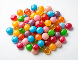 Obraz premium Vibrant pile of colorful round candies and gumballs on a white background, creating a sweet and playful arrangement.
