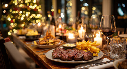 Cozy festive Christmas dinner table with steak and wine for celebration