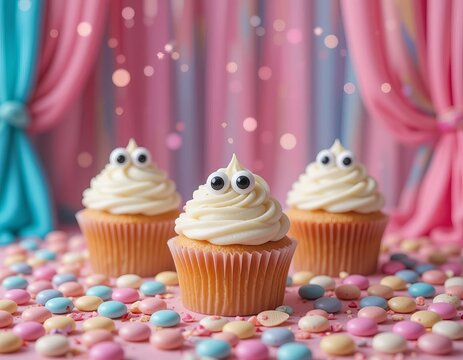 Three whimsical cupcakes with googly eyes, surrounded by colorful candies, evoke a sense of playful celebration.