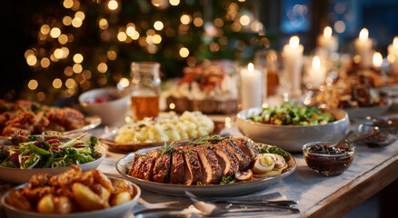 Fototapeta premium Beautifully set Christmas dinner table with festive food feast