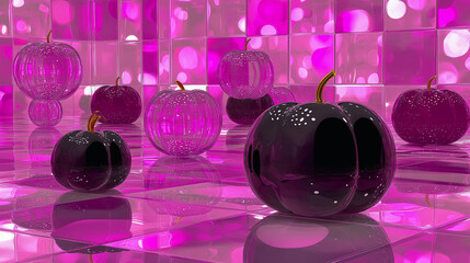 Neon surrealism transforms tradition -glossy black and glass pumpkins glow in a pink futuristic space, reshaping Halloween into a pop-art ritual of color and reflection.