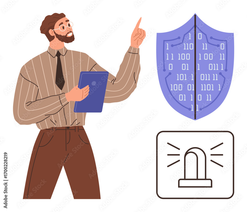 Aufkleber bearded man pointing at shield with binary code beside alarm signal, holding tablet. ideal for cyber