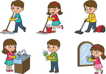 PrintCartoon children doing household chores like mopping, vacuuming, washing dishes, and cleaning mirrors, promoting responsibility, teamwork, hygiene, and independence.