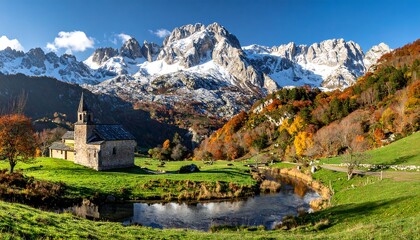 A picturesque valley scene, with a quaint stone church nestled amongst autumn foliage, reflecting in a tranquil stream, against a backdrop of snow-capped mountains.