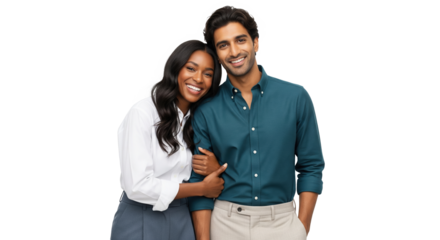 An african american woman holding on to a south asian man's arm, attractive couple isolated