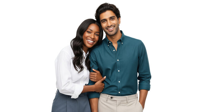 An african american woman holding on to a south asian man's arm, attractive couple isolated