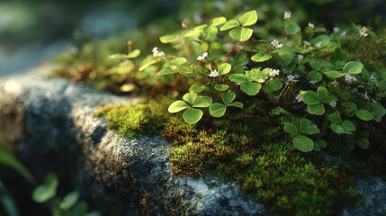 Enchanting ground-level view of mossy rock adorned with vibrant clover plants
