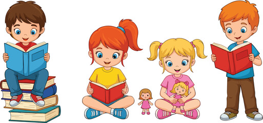 Cartoon children reading books and playing with toys, promoting literacy, imagination, early education, learning, fun activities, and creativity.