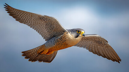 A falcon in mid-flight, showcasing sharp features and dynamic movement against a clear sky.